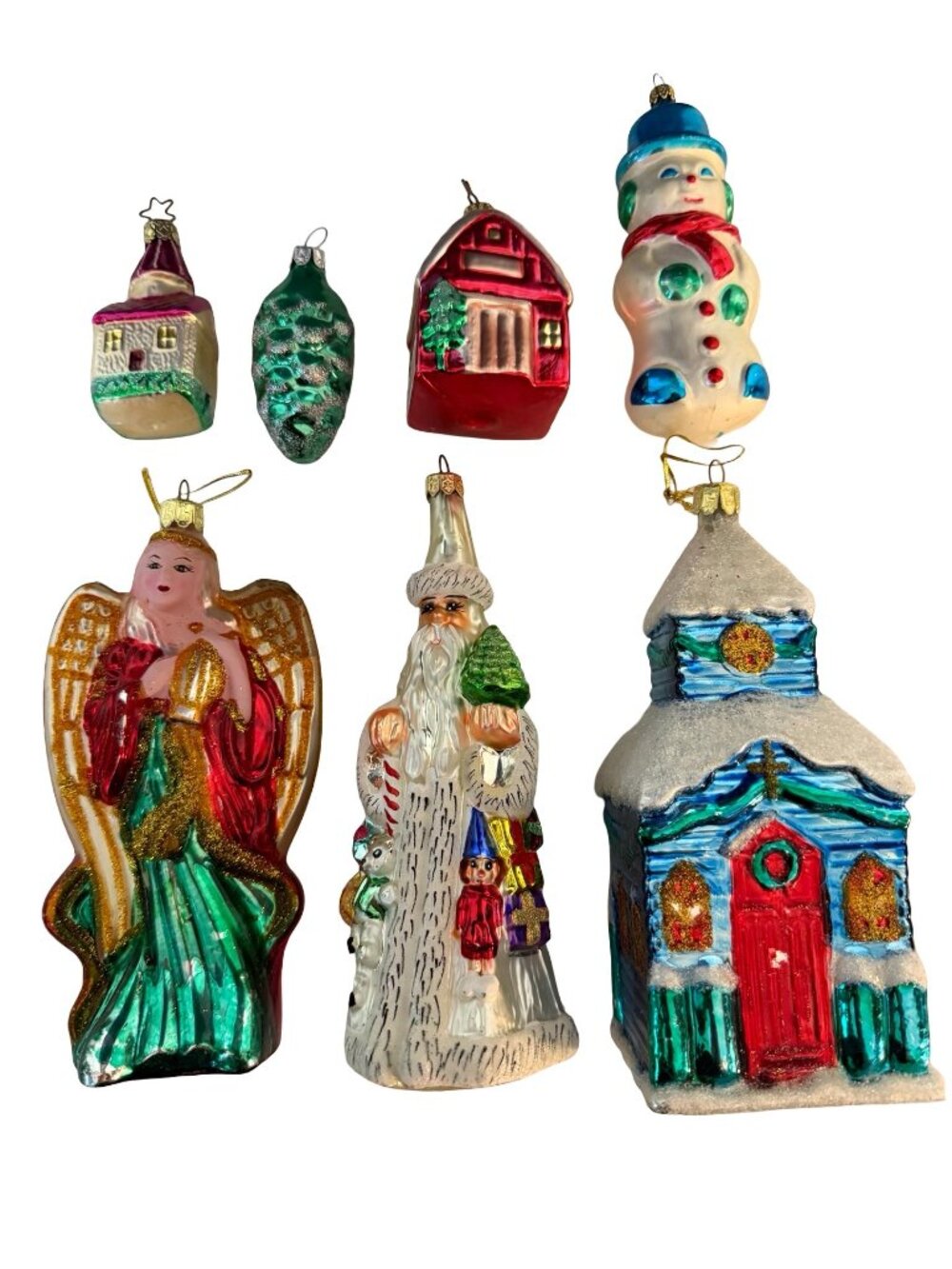 Vintage German Glass Christmas Ornaments Set of 7 Large Figural Santa Angel Chur